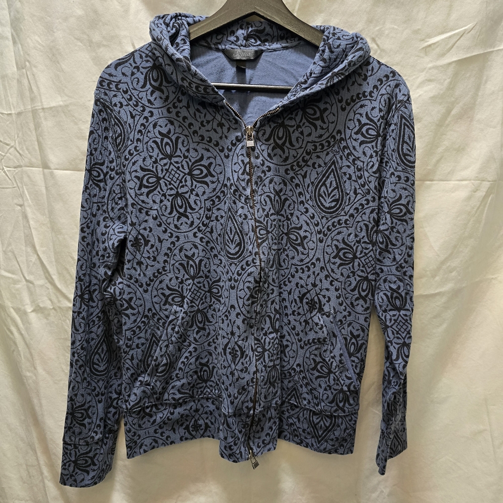 Soma Women's Blue Black Patterned Hoodie Full Zip Stretchy Jacket Pockets Large
